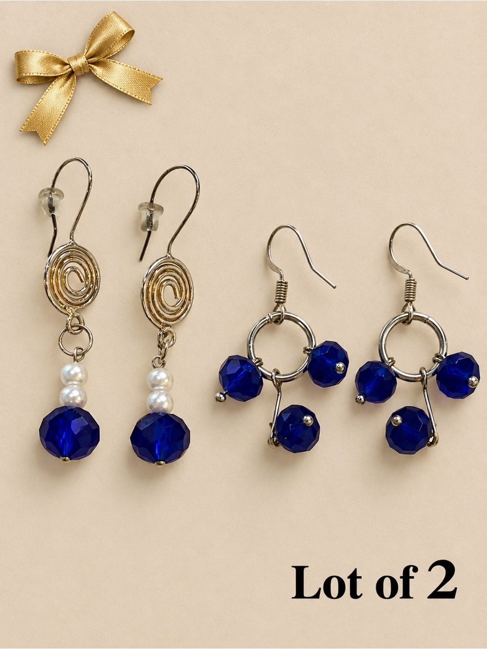 Cobalt Blue & Silver-Tone Earrings Lot of 2 Pairs | Hoops & Spiral Drops
